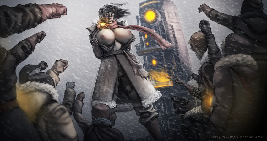 coat crossbowpussycat crowd exposing_chest frostpunk heavy_coat huge_breasts nipples snow winter_clothes