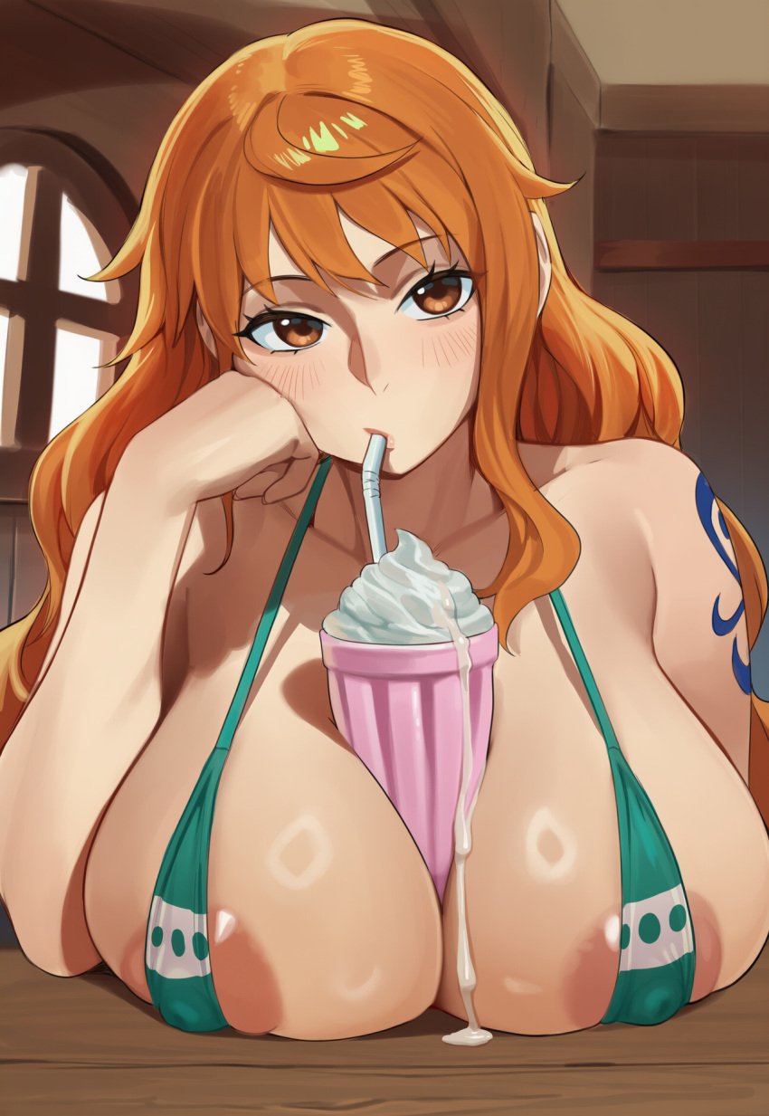 ai_generated areola_slip blush breast_rest breasts_on_table brown_eyes covered_nipples elbow_rest female huge_breasts jagat_ai large_breasts long_hair looking_at_viewer micro_bikini milkshake nami_(one_piece) nipple_bulge one_piece orange_hair solo solo_female straw upper_body