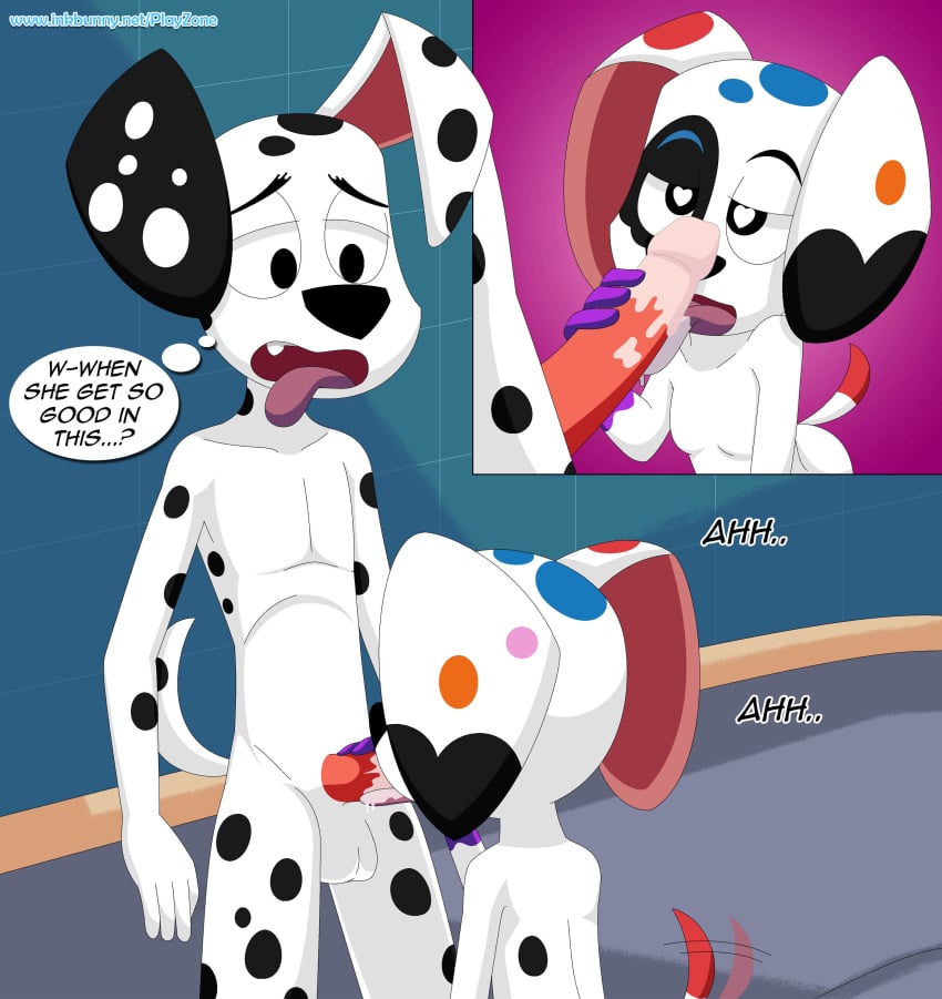 <3_eyes 101_dalmatian_street 101_dalmatians absurd_res anthro canid canine canis da_vinci_(101_dalmatians) dalmatian dialogue disney domestic_dog duo dylan_(101_dalmatians) english_text erection fellatio female furry heart hi_res incest male mammal oral penile penis playzone sex straight tailwag text thought_bubble zoophilia