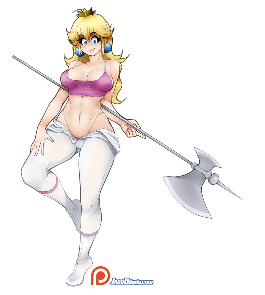 1girls belly blonde_hair blue_eyes bodysuit bodysuit_down crown holding_weapon jago_dibuja jumpsuit large_breasts long_hair mario_(series) nintendo princess_peach royalty super_mario_bros. super_mario_bros._(2023_film) thong underwear