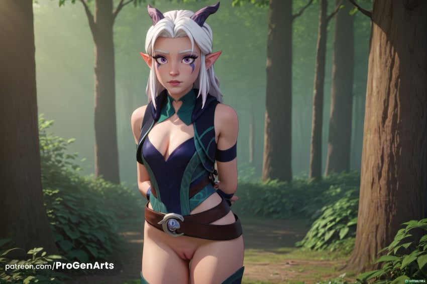 1girls ai_generated arms_behind_back artist_name belt breasts cleavage cleft_of_venus cowboy_shot elf facial_mark fingerless_gloves forest gloves hi_res horns leotard lips long_hair looking_at_viewer medium_breasts nature outdoors pointy_ears progenarts purple_eyes pussy rayla_(the_dragon_prince) solo the_dragon_prince thighhighs tree uncensored vest white_hair