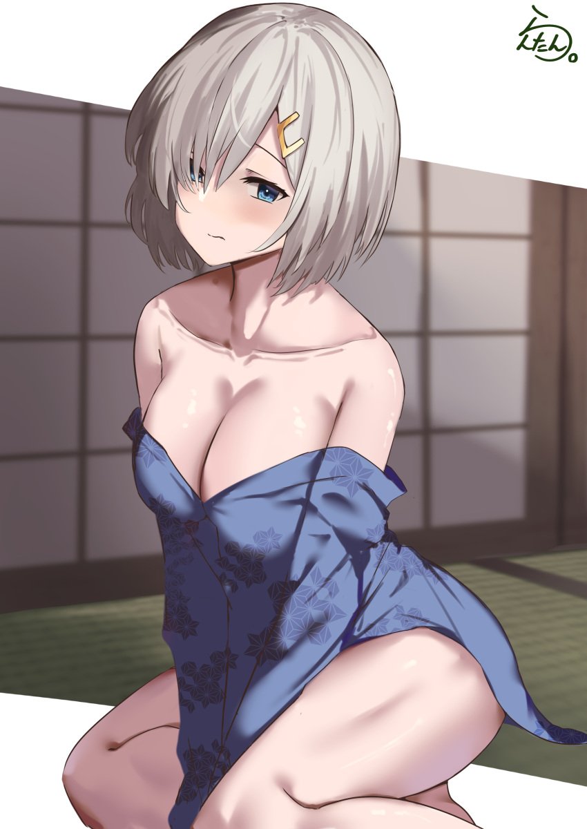 1girls blue_eyes blue_eyes_female blush blush_face blushing_female breasts busty busty_female busty_girl cleavage collarbone female female_focus female_only grey_eyebrows grey_hair grey_hair_female hair_between_eyes hair_clip hair_clips hair_over_one_eye hairclip hairclips hamakaze_(kantai_collection) high_resolution highres hourglass_figure indoor indoors japanese_clothes japanese_clothing japanese_female kantai_collection knees lanthan large_breasts lean_figure looking_at_viewer medium_hair narrow_waist shoulders sitting slender_body slender_waist slim_waist solo thick_thighs thighs upper_body wide_hips yukata