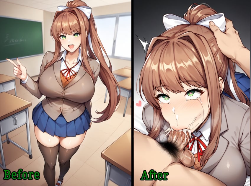 1boy 1girls ai_generated before_and_after blowjob brown_hair cum cum_in_mouth doki_doki_literature_club fellatio female female_focus green_eyes heart-shaped_pupils looking_pleasured loving_it male monika_(doki_doki_literature_club) ponytail school_uniform schoolgirl tears white_ribbon