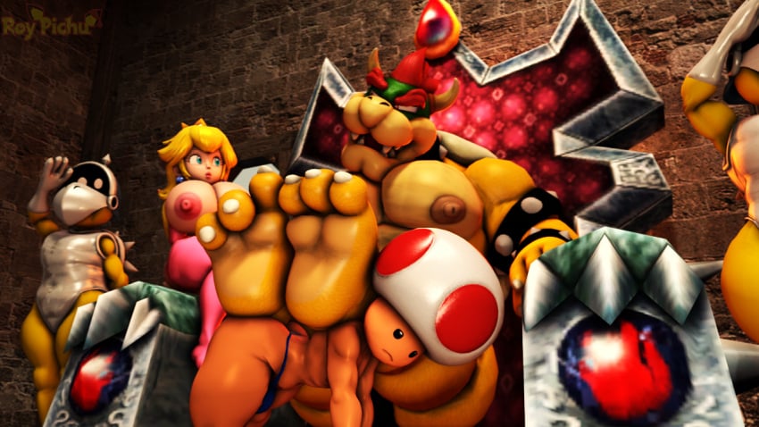 1girls 3d 4boys all_fours anthro armor big_breasts blonde_hair blue_eyes bowser breasts claws clothing dr.ivopingasnik feet female furry furry_male guards helmet horns human human_female humanoid humanoid_male indoors king koopa koopa_troopa large_breasts legs_on_back legwear light-skinned_female light-skinned_male light_skin looking_at_another male male_nipples mammal mario_(series) mature mature_female mature_male mushroom_humanoid nintendo nipples princess princess_peach reptile royalty scalie sitting sitting_on_throne slave throne toad_(mario)