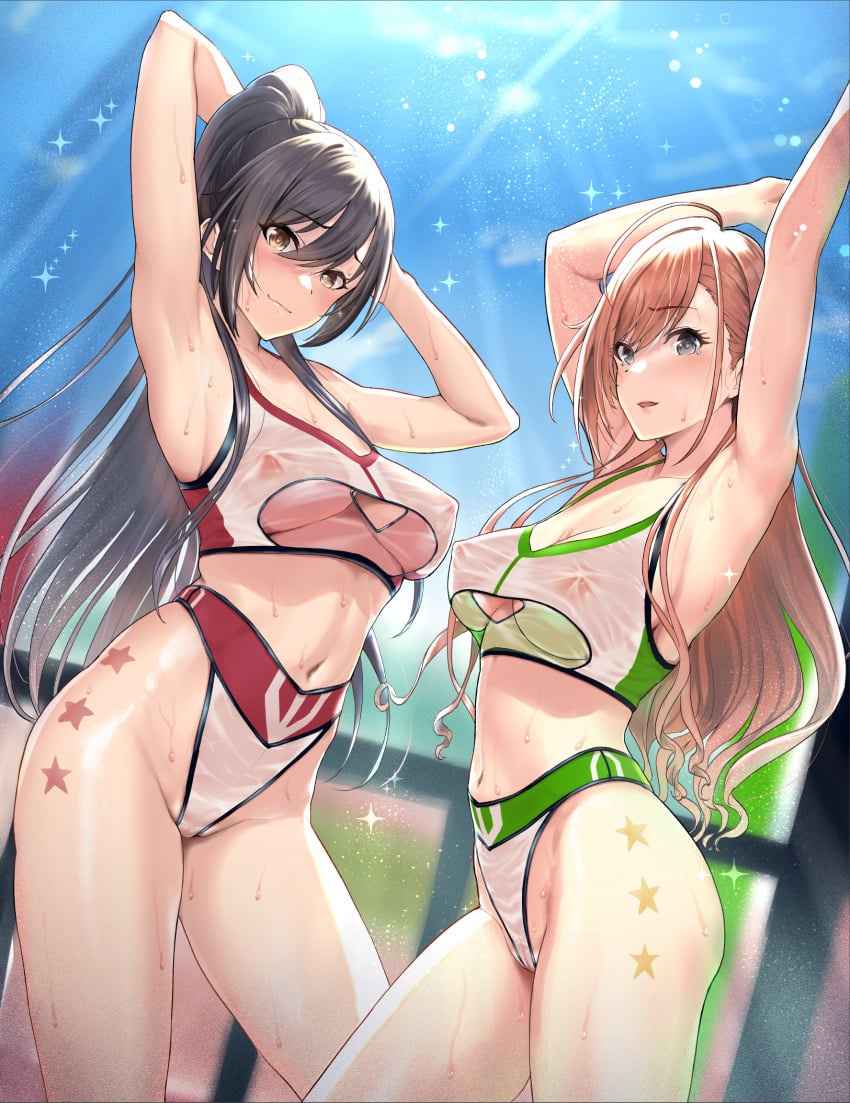 ahoge arisugawa_natsuha armpits arms_behind_head arms_up bare_arms bare_belly bare_legs bare_shoulders bare_thighs belly_button big_breasts black_eyes black_hair blush breasts cameltoe cleavage closed_mouth collarbone crop_top highleg_panties idolmaster idolmaster_shiny_colors kozuka_yasushi nipples_visible_through_clothing orange_hair outdoors panties ponytail shiny_skin shirase_sakuya sideboob star_tattoo sweat sweatdrop sweaty_body tattoo thighs underboob yellow_eyes