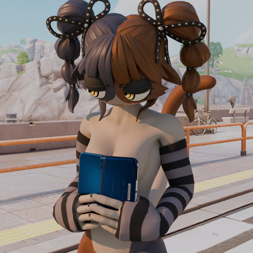 calico calico_cat calico_cat_humanoid calico_pattern covering_breasts female fortnite holding_object macu031 meow_skulls_(fortnite) nintendo_3ds outdoors outside shy shy_expression striped_arm_warmers striped_armwear yellow_eyes