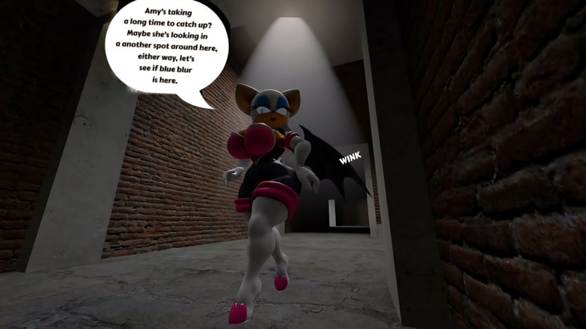 100acrew 1girl 2025 anthro ass bat_girl breasts chestplate dialogue female female_only hand_on_hip heels looking_around mobian mobian_(species) rouge_the_bat sega sfm sonic_(series) sonic_the_hedgehog_(series) source_filmmaker speech_bubble walking white_hair