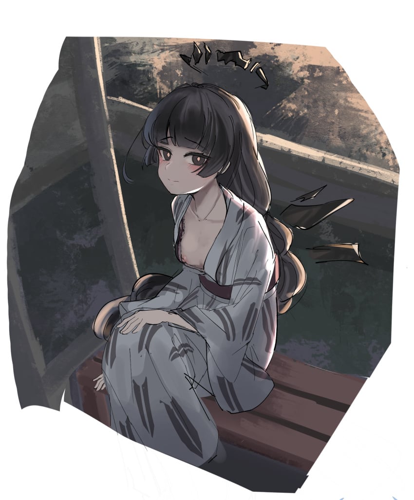 1girl arknights black_hair blush energy_wings female halo japanese_clothes kimono looking_at_viewer nipple_slip no_bra one_breast_out virtuosa_(arknights) yukata