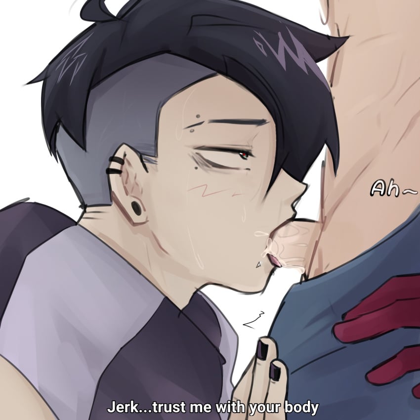 2boys black_hair blowjob blue_pants brawl_stars cum_in_mouth edgar_(brawl_stars) emo emo_boy fang_(brawl_stars) gay gay_blowjob gloves looking_up male male/male male_only oral oral_sex pants_pulled_down penis penis_in_mouth pierced_ears piercing piercings red_gloves scarf short_hair sucking sucking_penis supercell white_background