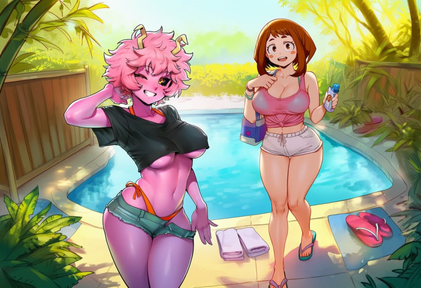 2girls ai_generated backyard big_breasts bikini brown_hair denim_shorts jaygoats looking_at_viewer mina_ashido my_hero_academia ochako_uraraka pink_hair pink_skin pool shorts smile summer sunny thick_thighs underboob
