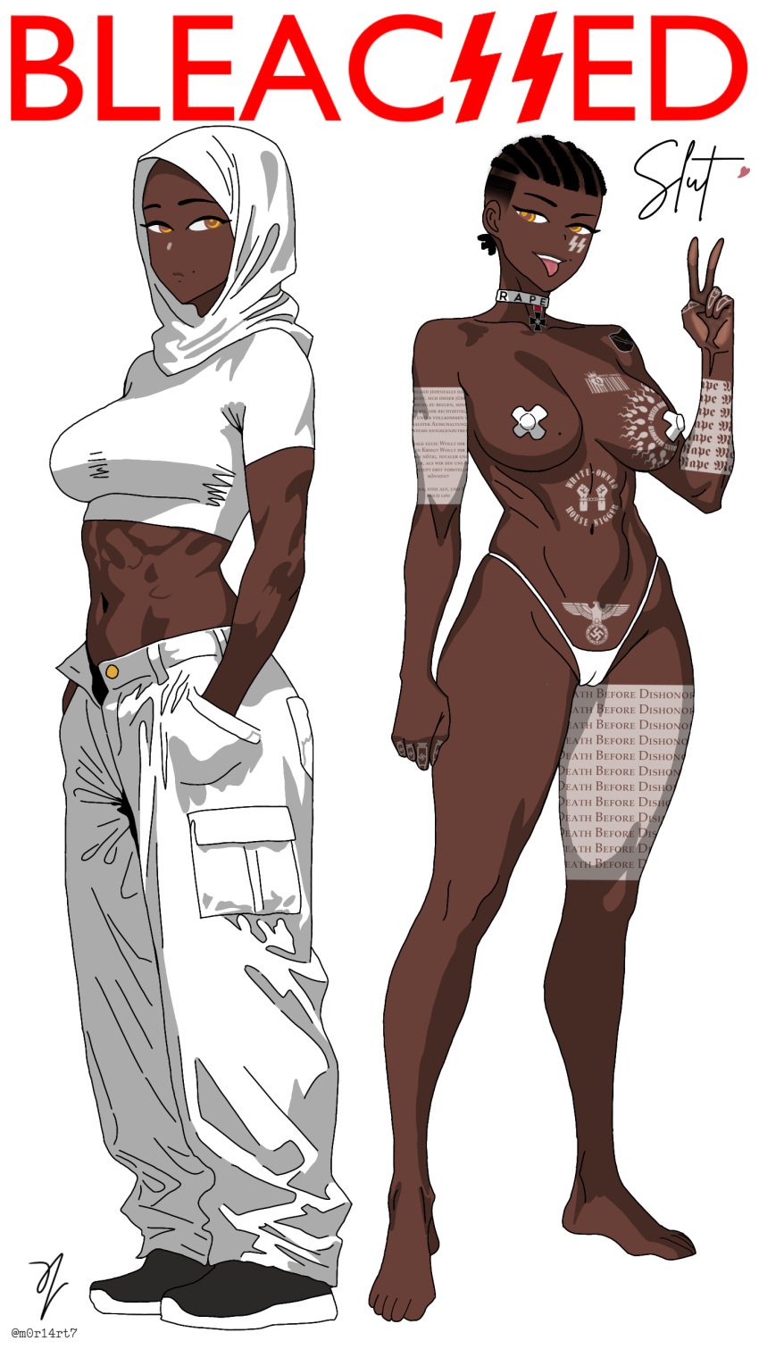 abs african_female alternate_version_at_source alternate_version_available artist_signature asking_for_it athletic_female before_and_after blank_background bleached brown_eyes cargo_pants choker cornrows crop_top dark-skinned_female dark_skin fade_(haircut) first-party_edit ghilan&#039;nain_(game) hijab iron_cross looking_at_viewer m0r14rt7 mother_of_beasts_(game) nazi nazi_imagery nigerian official_alternate_costume official_alternate_hairstyle official_art pubic_tattoo queen_of_hearts raceplay racism swastika taped_nipples tattoo tongue_out unbuttoned_pants unusual_pupils white_outfit white_tattoo white_thong yellow_pupils zainab_al-hashimi