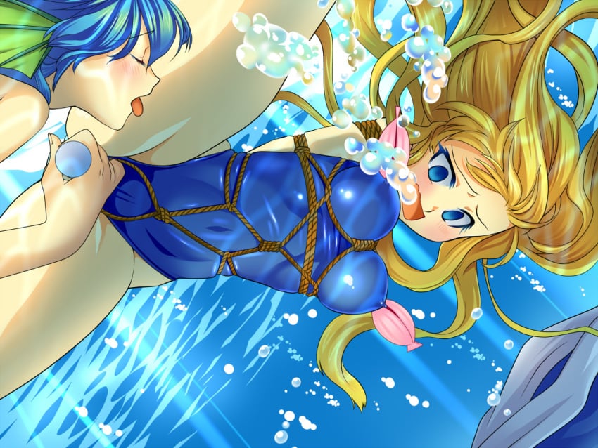 2girls air_bubble asphyxiation bondage bound breasts breath bubble closed_eyes crotch_rope drowning female female_focus holding_breath mermaid monster_girl multiple_girls nipples open_mouth original peril rope sweetsprite swimsuit underwater yuri