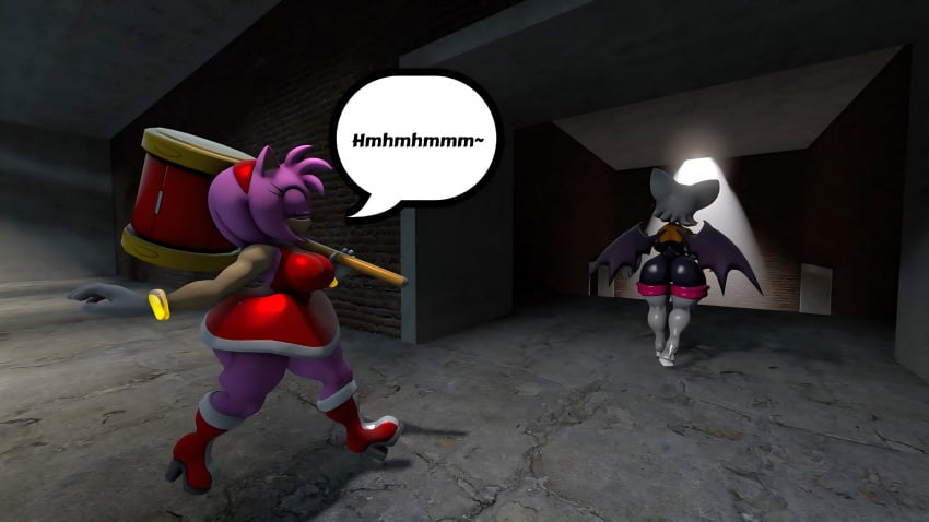 100acrew 2025 2girls amy_rose anthro ass bat bat_girl chestplate dialogue female female_only hammer hedgehog hedgehog_girl humming inside_building mobian mobian_(species) piko_piko_hammer pink_body pink_hair red_dress rouge_the_bat sega sfm sonic_(series) sonic_the_hedgehog_(series) source_filmmaker speech_bubble walking white_hair