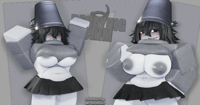1girls 3d areolae black_hair black_skirt breasts breasts_out bucket bucket_hat buckethead_(artist) buckethead_(character) chubby crimstuff female grey_shirt grey_skin nipples original_character roblox robloxian someone_else&#039;s_oc tagme thighs