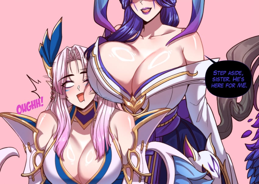 2girls cleavage dialogue female female_only huge_breasts kayle large_breasts league_of_legends morgana revealing_clothes ryuukusnpaiarts text voluptuous