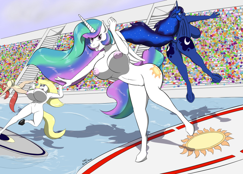 alicorn anna_(sailoranna) anthro anthrofied anus big_breasts blonde_hair blue_fur blue_hair breasts crossover equid equine female friendship_is_magic fur group hair hi_res horn horse keijo!!!!!!!! mammal multicolored_hair my_little_pony navel nipples nude princess_celestia_(mlp) princess_luna_(mlp) pussy rainbow_hair red_hair sailoranna sara_(sailoranna) unicorn unicorn_horn white_fur wings