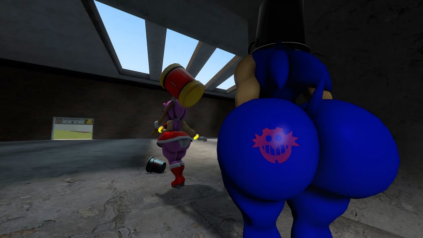 100acrew 1boy 1girl 2025 amy_rose anthro ass ass_focus back_view blue_body blue_fur brainwashing bucket_helmet chum_bucket chum_bucket_bucket_helmet drone eggman_empire eggman_logo falling female femboy hammer hedgehog hedgehog_girl inside_building looking_down male mind_control mobian mobian_(species) on_the_floor piko_piko_hammer pink_body pink_hair red_dress sega sfm sonic_(series) sonic_the_hedgehog sonic_the_hedgehog_(series) source_filmmaker speech_bubble stalker stalking standing