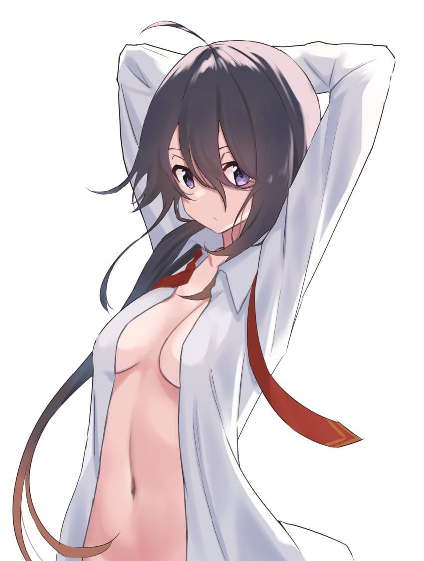 1girls ahoge antenna_hair ariake_(kantai_collection) arm_up arms_up belly belly_button black_hair black_hair_female breasts collarbone female female_focus female_only hair_between_eyes hand_behind_head hand_up hands_behind_head hands_up high_resolution highres kantai_collection lanthan lean_figure long_hair looking_at_viewer medium_breasts midriff narrow_waist navel necktie open_clothes open_clothing open_shirt open_topwear ponytail purple_eyes purple_eyes_female shirt simple_background slender_body slender_waist slim_waist solo standing unbuttoned unbuttoned_shirt upper_body white_background white_shirt white_topwear
