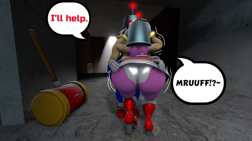 100acrew 1boy 1girl 2025 amy_rose anthro ass ass_focus ass_view blue_body blue_fur brainwashing bucket_helmet bucket_on_head chum_bucket chum_bucket_bucket_helmet confused dialogue drone dronification female grabbing grabbing_ass grabbing_object hammer hedgehog hedgehog_boy hedgehog_girl inside_building male mind_control mobian mobian_(species) panicking panties piko_piko_hammer pink_body pink_hair red_dress resisting sega sfm sonic_(series) sonic_the_hedgehog sonic_the_hedgehog_(series) source_filmmaker speech_bubble standing