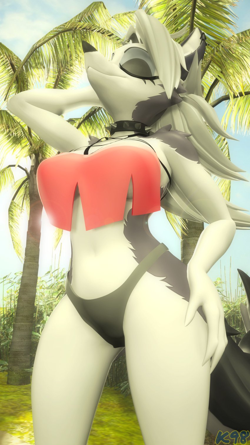 1girls 3d anthro beach bikini breasts claws closed_eyes ear ear_piercing eyeshadow female furry grey_body grey_fur grey_hair hand_on_hip hellhound helluva_boss kevhon long_hair loona_(helluva_boss) outdoors outside palm_tree pentagram smile solo solo_female source_filmmaker spiked_collar tail two-piece_swimsuit two_tone_body two_tone_fur two_tone_tail white_body white_fur wolf wolf_girl