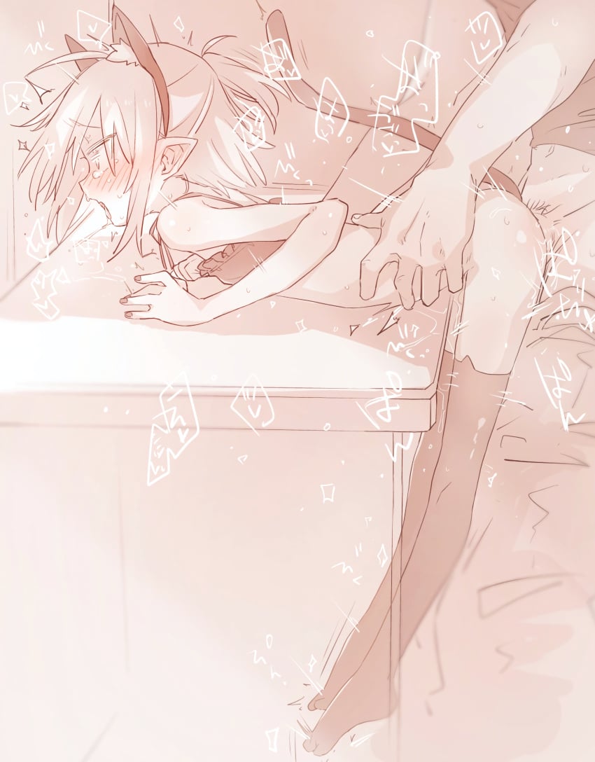 1boy absurdres animal_ear_fluff animal_ear_legwear animal_ears azuma_shino blush cat_ear_legwear cat_ears cat_tail fake_animal_ears female greyscale hands_on_another&#039;s_hips highres monochrome nowareno_(azuma_shino) open_mouth original pointy_ears sepia sex skinny straight tail thighhighs