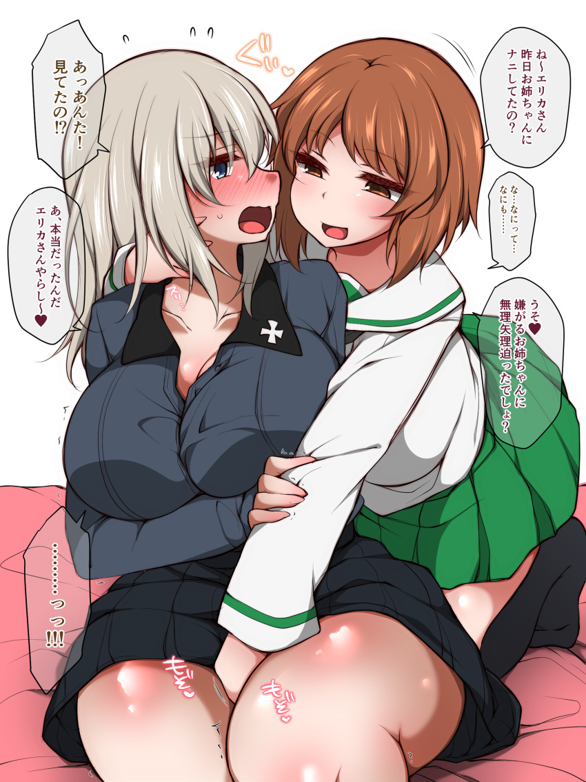 2girls absurdres black_skirt blue_eyes blush breasts brown_eyes brown_hair cleavage eyebrows_visible_through_hair fingering girls_und_panzer green_skirt grey_hair highres iron_cross itsumi_erika jenigata kneeling kuromorimine_school_uniform large_breasts long_sleeves looking_at_another multiple_girls nishizumi_miho ooarai_school_uniform open_mouth pleated_skirt school_uniform shirt short_hair simple_background sitting skirt smile socks speech_bubble thick_thighs translation_request white_background white_shirt yuri