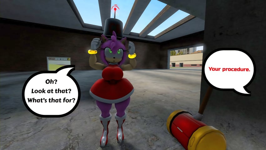 100acrew 1girl 2025 amy_rose anthro ass bucket_helmet bucket_on_head chum_bucket chum_bucket_bucket_helmet curious dialogue female grabbing grabbing_object hammer hedgehog hedgehog_girl inside_building looking_up mobian mobian_(species) piko_piko_hammer pink_body pink_hair red_dress sega sfm sonic_(series) sonic_the_hedgehog_(series) source_filmmaker speech_bubble standing