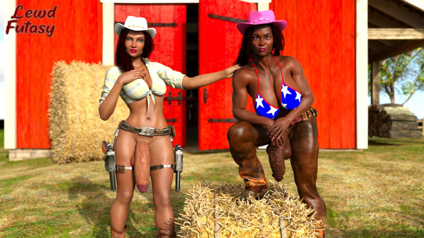 2futas 3d ashley athletic balls big_balls big_penis bikini black_hair blue_eyes bottomless breasts brown_skin clothed cowboy_hat dark-skinned_futanari dark_skin flaccid front_view futa_only futa_with_futa futanari half_nude hand_on_breast hand_on_shoulder huge_breasts intersex leah leaning_on_elbow leather lewdfutasy looking_at_viewer midriff muscles nature penis revolver semi-erect slim standing stepped_on tanned veiny_penis watermark wide_hips