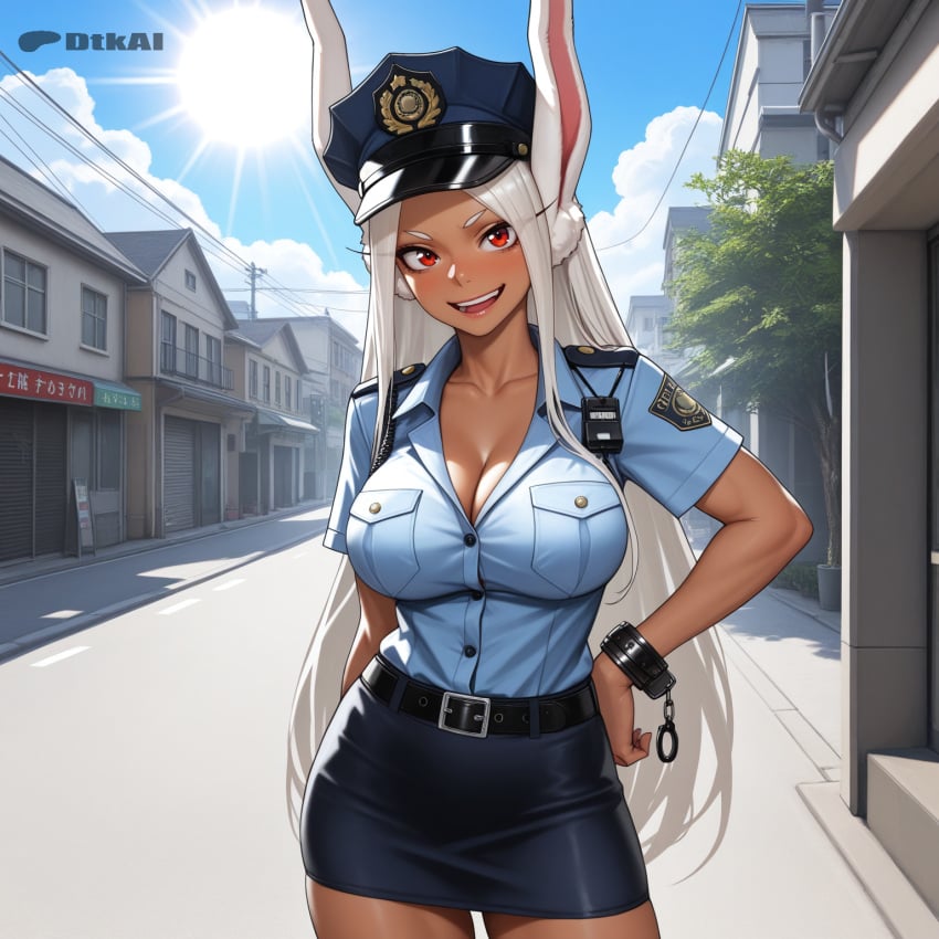 1girls ai_generated belt big_ass bunny_ears cuffs dtkai hand_on_hip large_breasts long_hair looking_at_viewer mirko my_hero_academia open_mouth outside police_uniform red_eyes skirt smile street sun sunlight sunshine tanned tanned_female tanned_skin white_hair