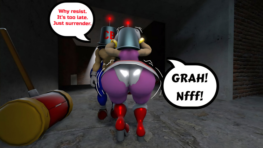 100acrew 1boy 1girl 2025 amy_rose anthro ass ass_focus ass_view blue_body blue_fur brainwashing bucket_helmet bucket_on_head chum_bucket chum_bucket_bucket_helmet confused dialogue drone dronification female grabbing grabbing_object hammer hedgehog hedgehog_boy hedgehog_girl inside_building male mind_control mobian mobian_(species) panicking panties piko_piko_hammer pink_body pink_hair red_dress resisting sega sfm sonic_(series) sonic_the_hedgehog sonic_the_hedgehog_(series) source_filmmaker speech_bubble standing