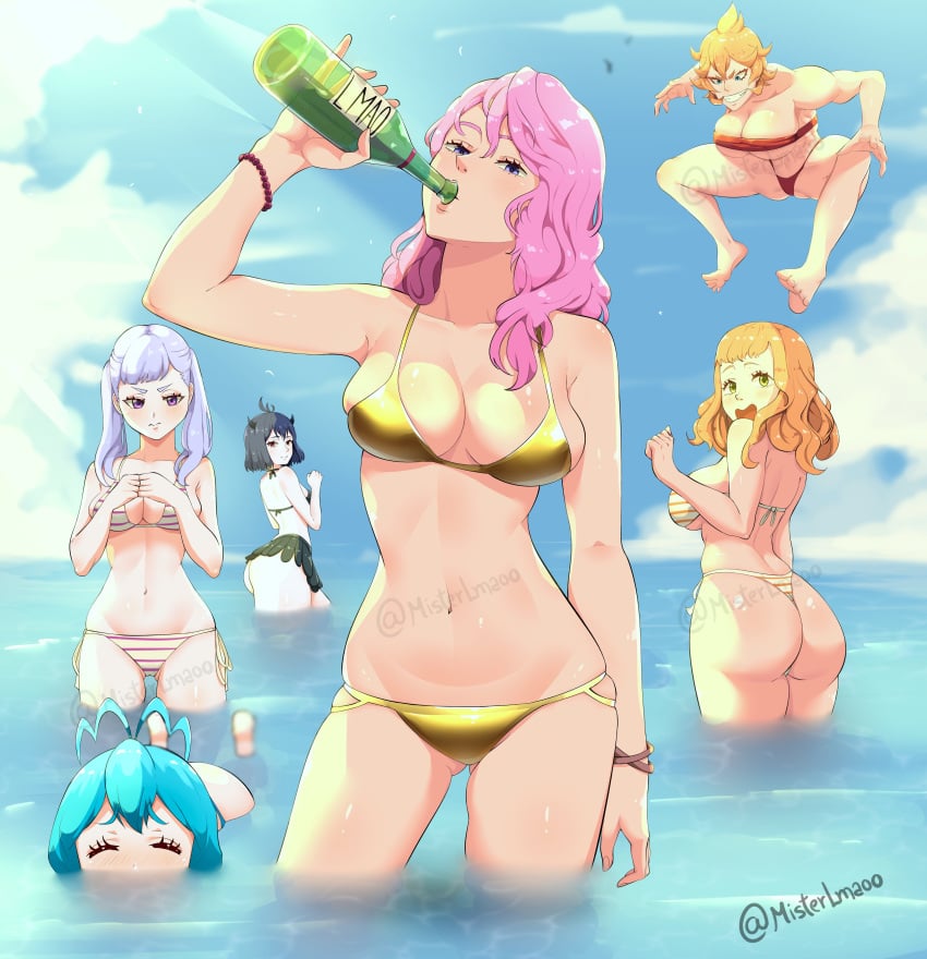 beach bikini black_clover character_request curvaceous curvaceous_female curvaceous_figure curvy curvy_figure curvy_hips cyan_hair female female_focus female_only long_hair looking_at_viewer mereoleona_vermillion misterlmaoo pink_hair short_hair yellow_hair