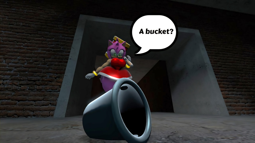 100acrew 1girl 2025 amy_rose anthro ass bucket_helmet chum_bucket chum_bucket_bucket_helmet confused_look dialogue female female_only hammer hedgehog hedgehog_girl inside_building looking_down mobian mobian_(species) on_the_floor piko_piko_hammer pink_body pink_hair red_dress sega sfm sonic_(series) sonic_the_hedgehog_(series) source_filmmaker speech_bubble standing talking