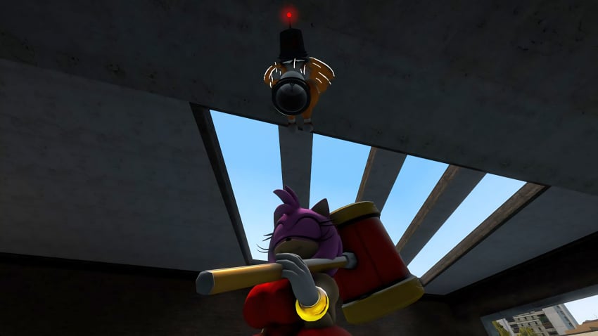 100acrew 1boy 1girl 2025 amy_rose anthro ass brainwashed bucket bucket_helmet chum_bucket chum_bucket_bucket_helmet dialogue drone female femboy flying fox fox_boy grabbing_object hammer hedgehog hedgehog_girl inside_building male miles_tails_prower mind_control mobian mobian_(species) piko_piko_hammer pink_body pink_hair red_dress sega sfm sonic_(series) sonic_the_hedgehog_(series) source_filmmaker speech_bubble standing tails_the_fox yellow_body yellow_fur