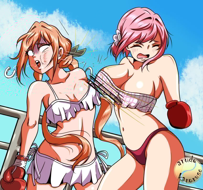 100_kanojo 2girls arudo/karoruso_(artist) bikini boxing boxing_gloves boxing_ring catfight competitive female hanazono_hakari inda_karane kimi_no_koto_ga_dai_dai_dai_dai_daisuki_na_100-nin_no_kanojo knocked_out playful rivalry rivals sweat the_100_girlfriends_who_really_really_really_really_really_love_you yuri