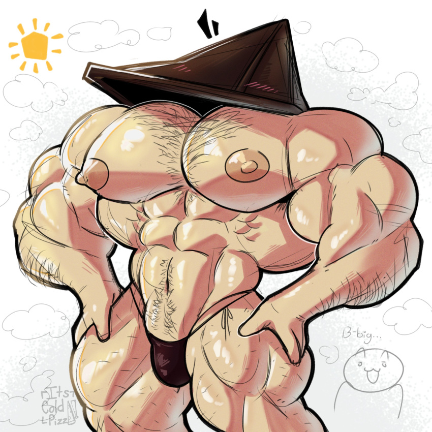 1boy abs bara body_hair hairy huge_muscles huge_pecs hyper_muscles hyper_pecs its_coldpizzart male muscles muscular muscular_male pecs posing pyramid_head shiny