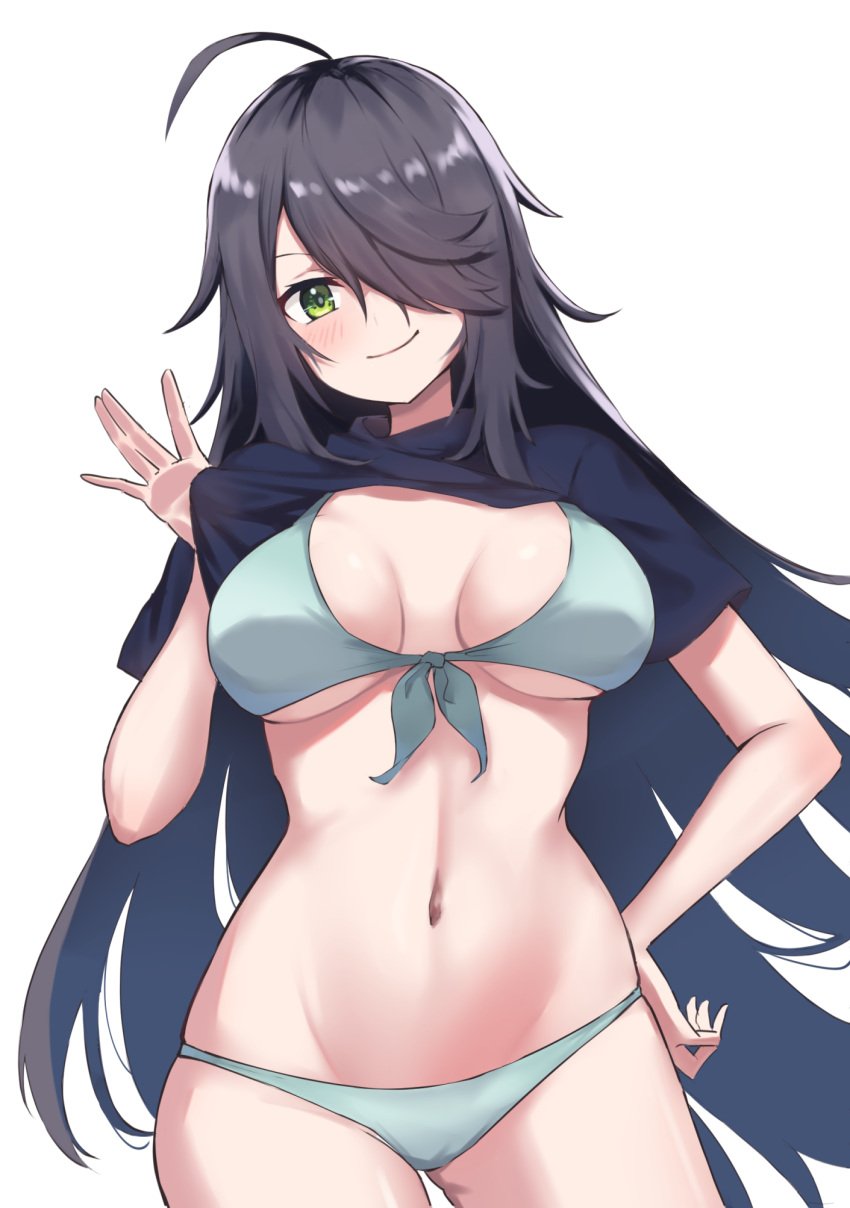 1girls ahoge antenna_hair bare_arms bare_belly bare_chest bare_hands bare_hips bare_legs bare_midriff bare_navel bare_skin bare_thighs belly belly_button bikini bikini_bottom bikini_top black_hair black_hair_female blue_bikini blue_bikini_bottom blue_bikini_top blue_string_bikini blue_swimsuit blue_swimwear blush blush_face blushing_female blushing_lines breasts busty busty_female busty_girl closed_mouth_smile collarbone curvaceous curvaceous_body curvaceous_female curvaceous_figure curvaceous_hips curvy curvy_body curvy_female curvy_figure curvy_hips elbows exposed_arms exposed_belly exposed_chest exposed_hips exposed_legs exposed_midriff exposed_navel exposed_skin exposed_thighs female female_focus female_only fingers green_eyes green_eyes_female groin hair_between_eyes hair_over_one_eye high_resolution highres hourglass_figure kako_(kantai_collection) kantai_collection lanthan large_breasts lean_figure long_hair looking_at_viewer looking_down looking_down_at_viewer midriff narrow_waist navel parted_bangs shoulders simple_background slender_body slender_waist slim_waist smile smiley_face smiling smiling_at_viewer smirk solo standing string_bikini swimsuit swimwear thick_thighs thighs upper_body very_long_hair white_background wide_hips