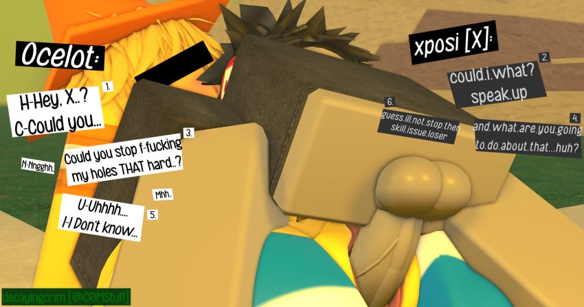 1boy 1girls 3d artist_name balls bottomless censored_eyes character_name crimstuff dialogue english_text female male ocelot_(illitequoical) original_character original_characters penis roblox robloxian sex straight tagme text traffic_cone twitter_username vaginal_penetration xposi_(crimstuff)