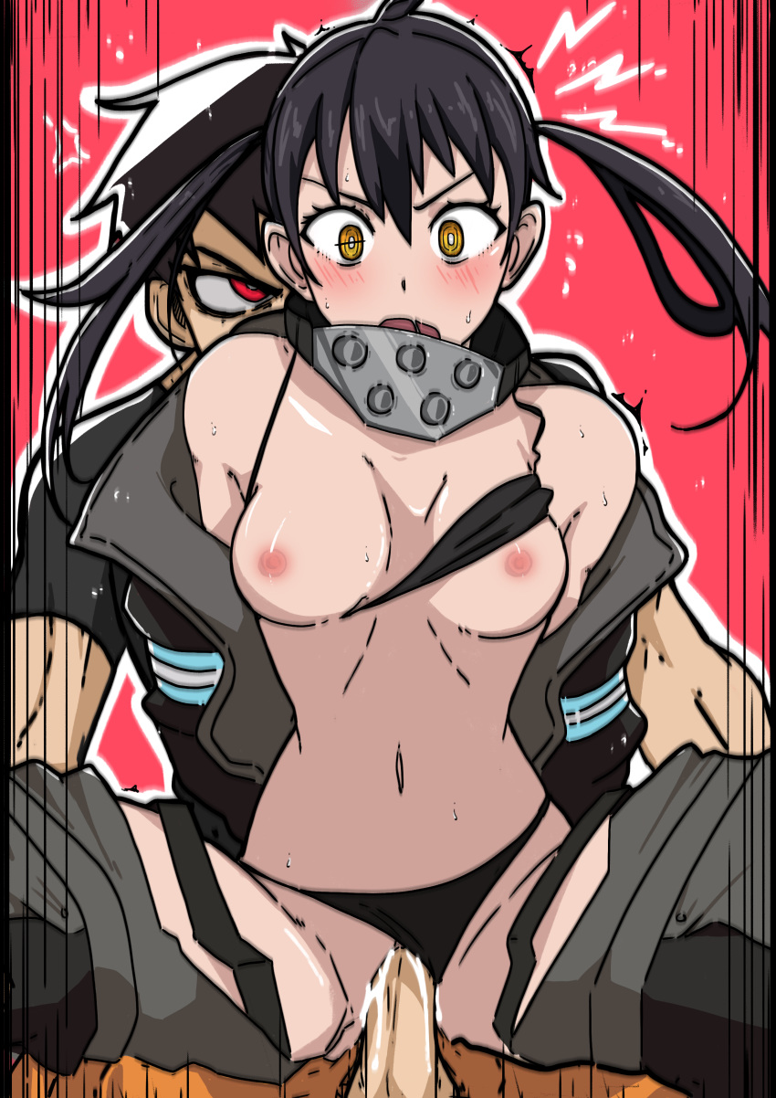 1boy 1girls absurdres bikini bikini_under_clothes black_bikini black_hair blush breasts cleavage coat curvy duo enen_no_shouboutai female fire_force gloves highres human kotatsu_tamaki kusakabe_shinra long_hair male mark_gavatino medium_breasts nipples open_clothes panties_aside pants penis pussy reverse_cowgirl_position sex spread_legs straddling straight swimsuit swimsuit_aside tagme twintails vaginal_penetration yellow_eyes