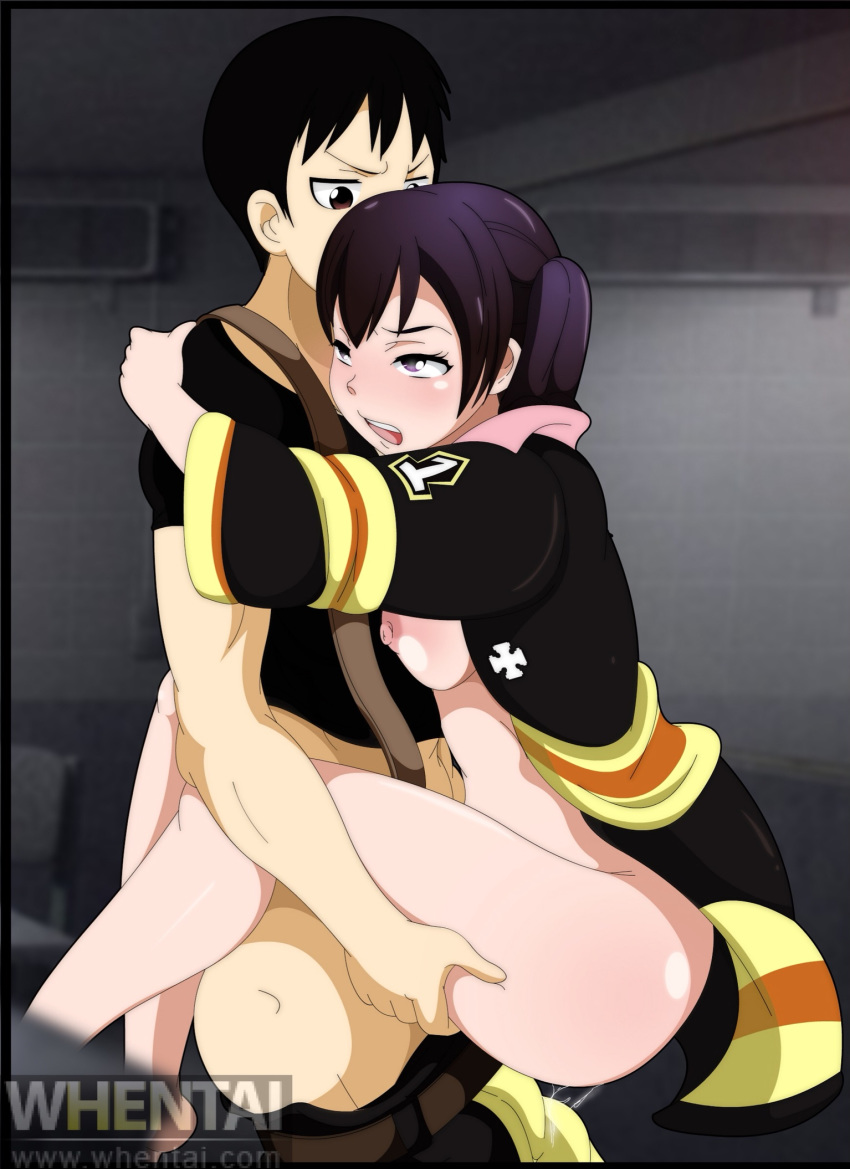 1boy 1girls areolae big_breasts breasts bwob carrying duo duplicate enen_no_shouboutai faceless_male female fire_force half-dressed human kotatsu_tamaki kusakabe_shinra male medium_breasts nipples riding sex sideboob straight tagme whentai