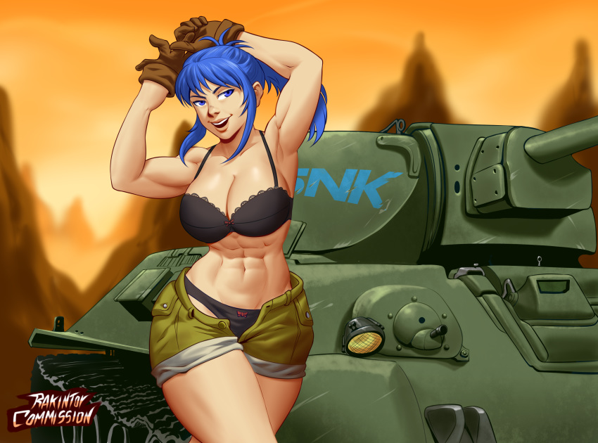 1girls abs armpits arms_up artist_name bangs battle_tank biceps black_bra black_panties blue_eyes blue_hair bra breasts cleavage cowboy_shot curvy female female_only front_view gloves happy_female highres human king_of_fighters large_breasts leona_heidern lingerie muscles muscular_female navel open_smile outdoors ponytail rakintor shorts signature smile snk solo standing tank thick_thighs undressing vehicle watermark