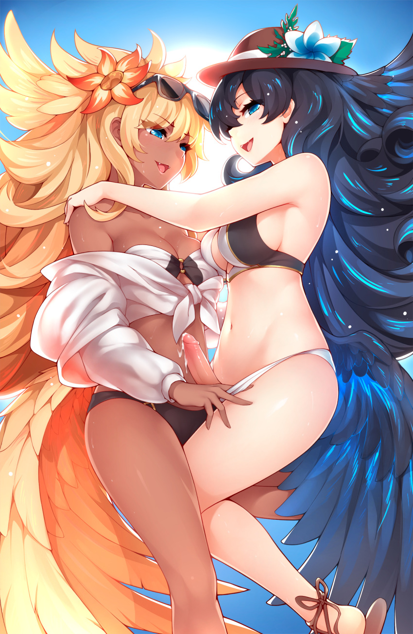 1futa 1girls bangs bare_shoulders bikini bikini_pull black_hair blonde_hair blue_eyes blush breasts cum cum_on_stomach curly_hair dark_skin erection eyewear_on_head fangs feathered_wings futanari granblue_fantasy harut_(granblue_fantasy) hat head_wings highres intersex kerasu large_breasts long_hair looking_at_viewer low_wings marut_(granblue_fantasy) multiple_girls navel off_shoulder open_mouth penis ricegnat simple_background smile stomach sunglasses swimsuit uncensored very_long_hair wet wings