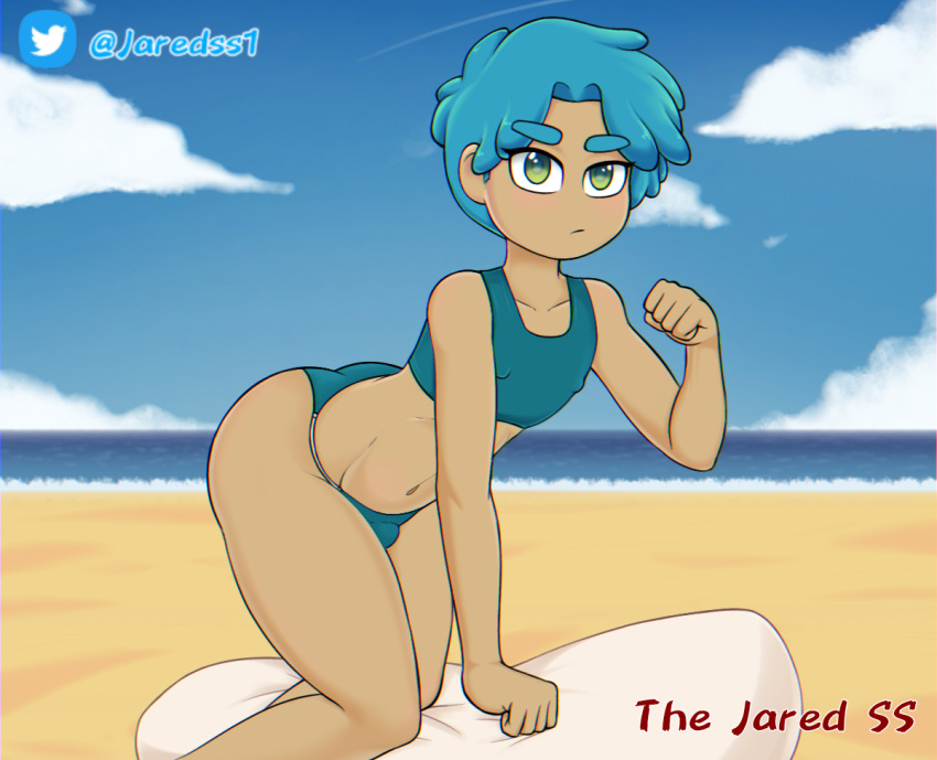 1boy beach big_ass big_butt blue_hair bon_(fnafhs) crop_top femboy fnafhs girly green_eyes human human_only male male_only neo_jared panties penis solo trap