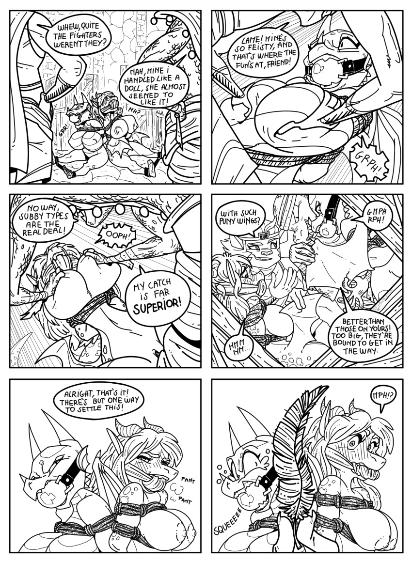 anthro ball_gag big_breasts biped blush bondage bound breasts comic dialogue digital_media_(artwork) domination dragon english_text fantasy female femsub fur gag gagged hi_res horn humiliation kobold male multiple_girls multiple_subs nipples non-mammal_breasts nude oddjuice pussy rope rope_bondage straight text