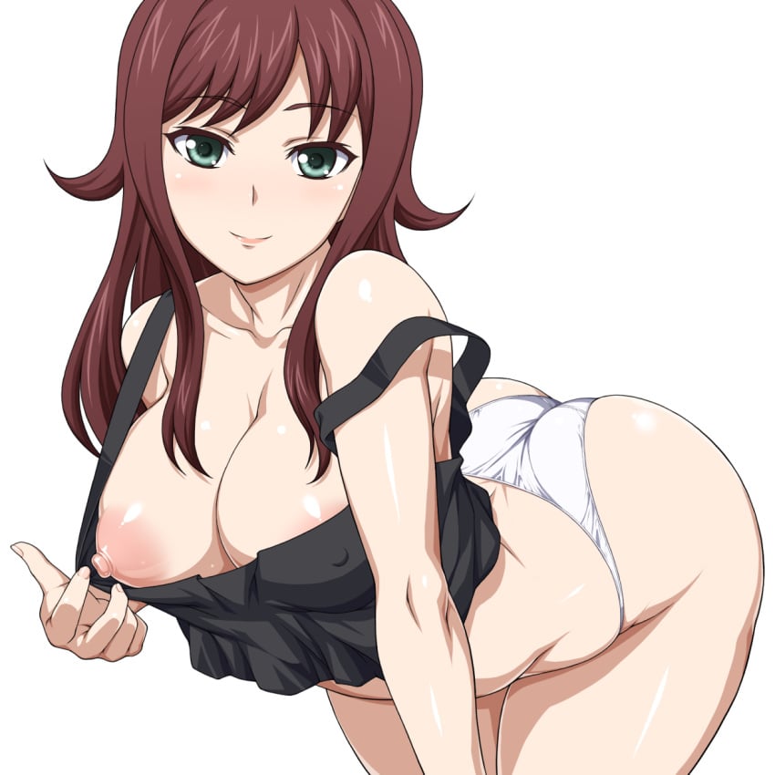 akana_rui blue_eyes breasts brown_hair chousoku_henkei_gyrozetter cleavage collarbone curvy female flashing highres large_breasts leaning_forward long_hair looking_at_viewer nipples panties puffy_nipples seductive_smile simple_background smile solo tank_top underwear white_background white_panties yukimasa_(nkk145)