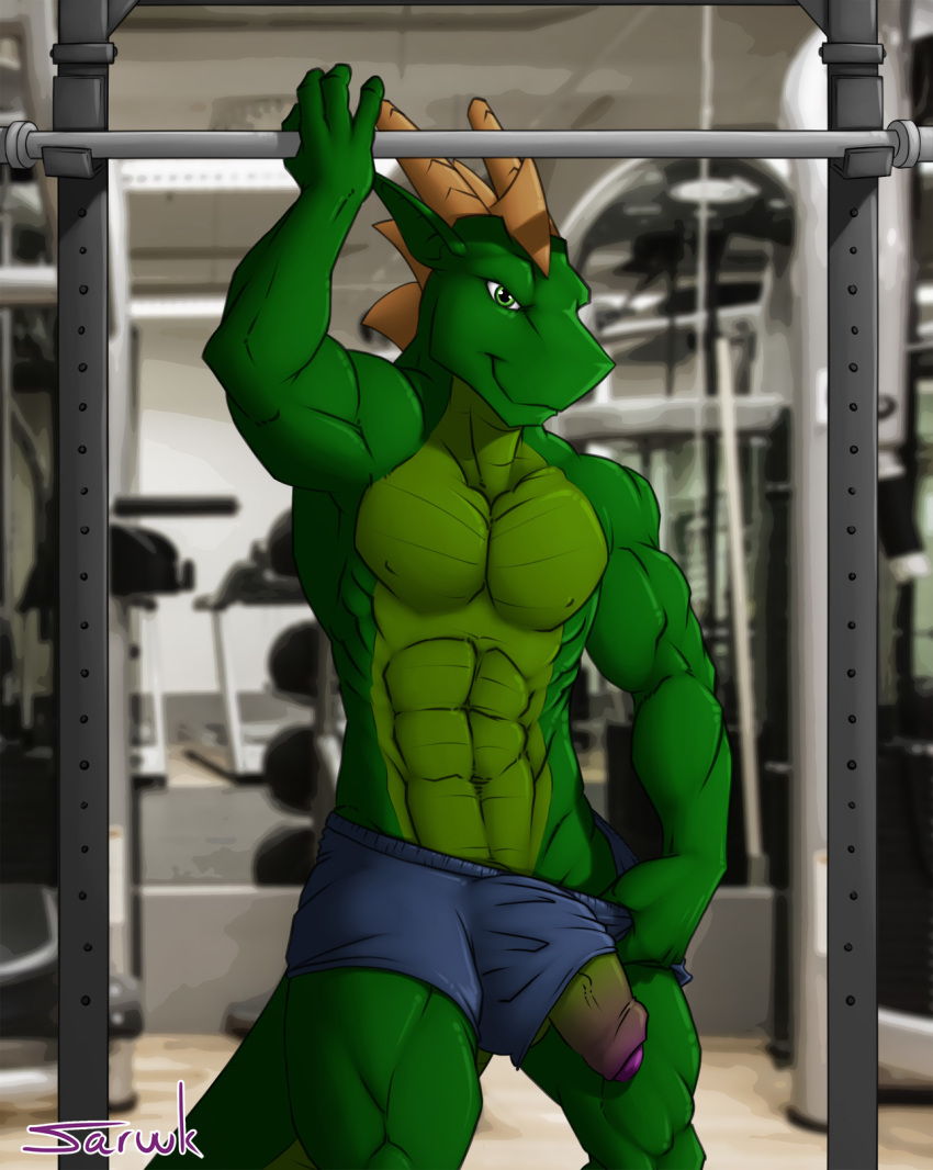 anthro clothed clothing dragon foreskin gym hi_res humanoid_penis male male_only muscular muscular_male penis penis_through_leghole poking_out saruuk solo standing topless uncircumcised uncut vein