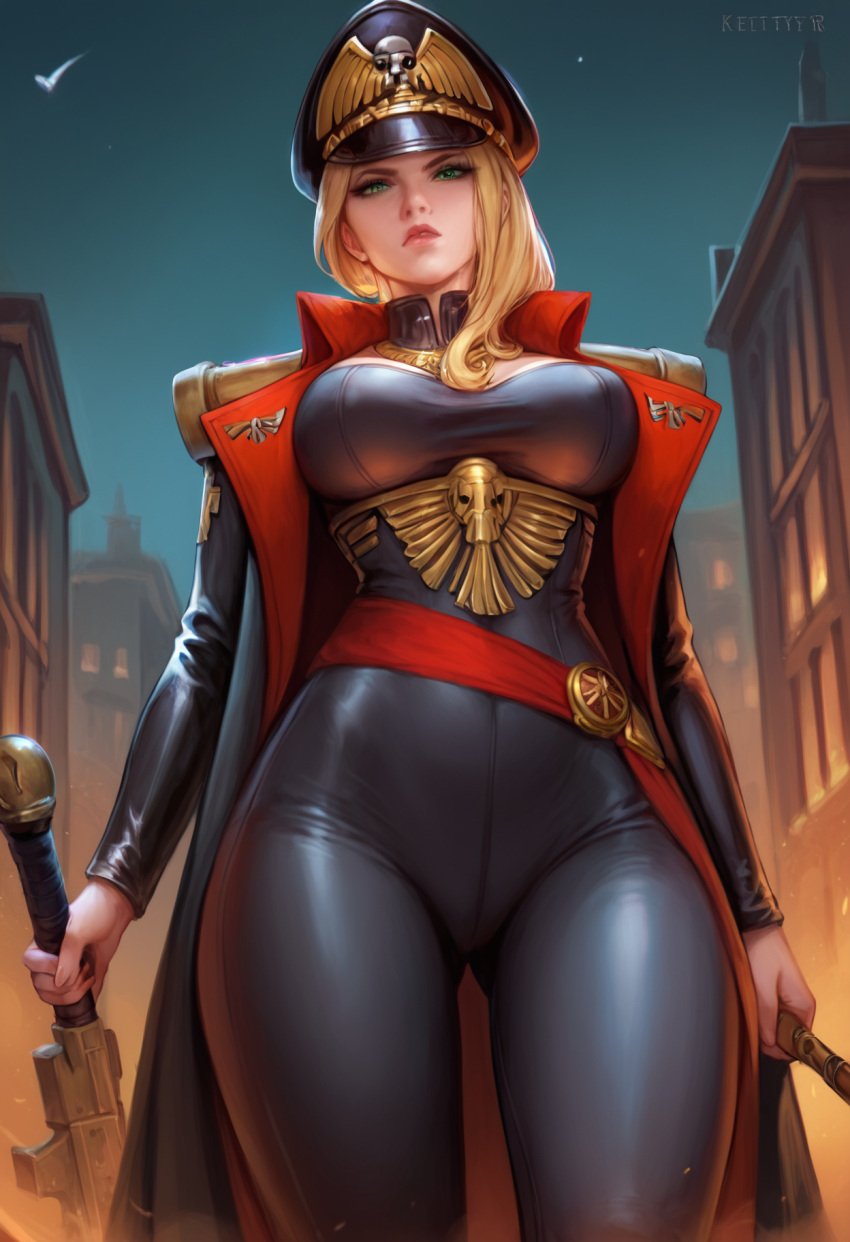 1girls ai_generated anaslex astra_militarum blonde_hair breasts cap coat commissar fully_clothed green_eyes hi_res holding_weapon imperial_guard imperial_officer kittew_(style) large_breasts looking_down looking_down_at_viewer military military_uniform officer open_coat pale-skinned_female pale_skin serious solo solo_female sword tight_clothing warhammer_(franchise) warhammer_40k