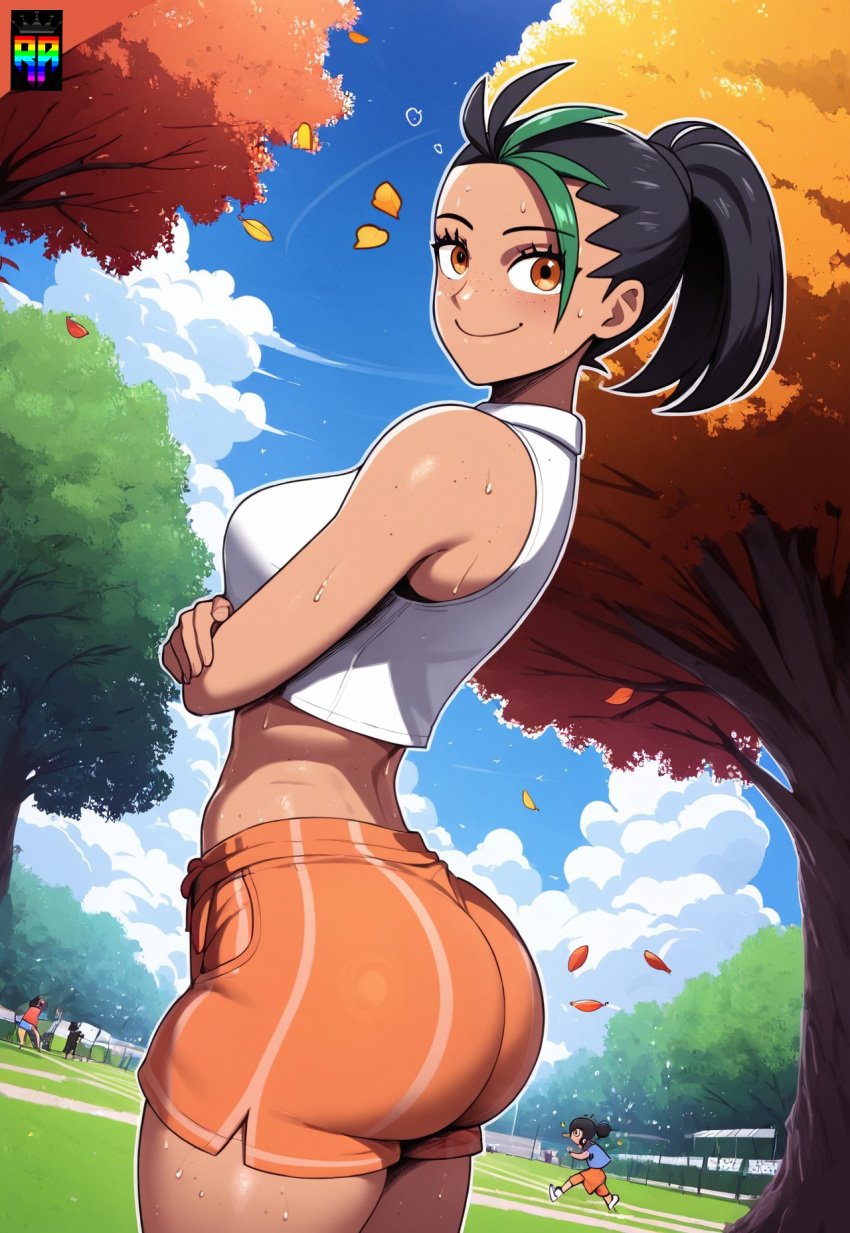 ai_generated big_ass blush brown_eyes bubble_butt crop_top crossed_arms cute_face d-art_style nemona_(pokemon) orange_shorts park pokemon ponytail public repartz small_breasts small_waist smile thick_thighs tight_clothing