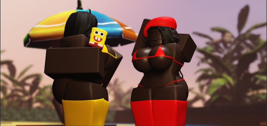 2girls 3d 3d_(artwork) beach bikini black_hair bungepop_pop_sicle cometrr34 dark-skinned_female ebony glasses headphones large_breasts leggings long_hair popsicle roblox roblox_avatar robloxian thick_thighs thighhighs video_game