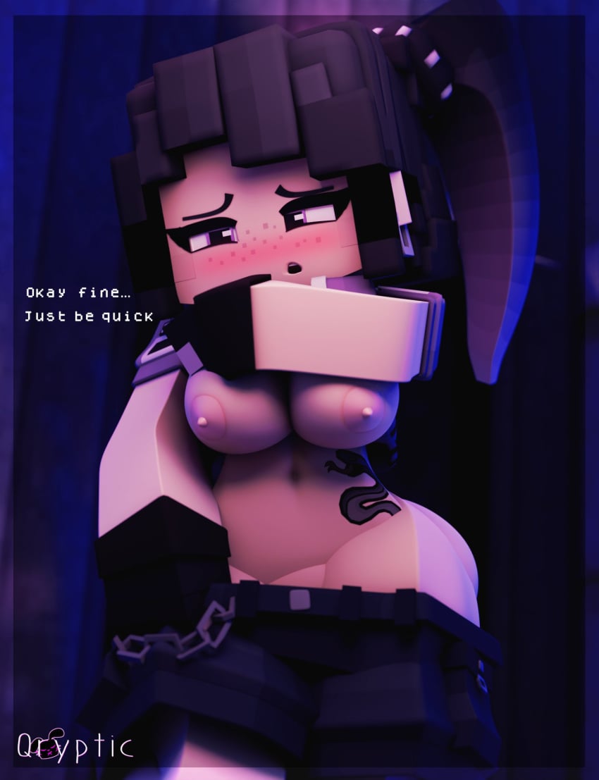 1girls black_hair blush blush breasts breasts_out chains charlie_kyuu_(qryptic) embarrassed female freckles gloves lifting_own_clothes lifting_shirt looking_away medium_breasts minecraft nipples ponytail pulling_down_pants purple_eyes qryptic shorts solo solo_female solo_focus stripping tattoo tattoo_on_stomach text twitter_username watermark white_skin