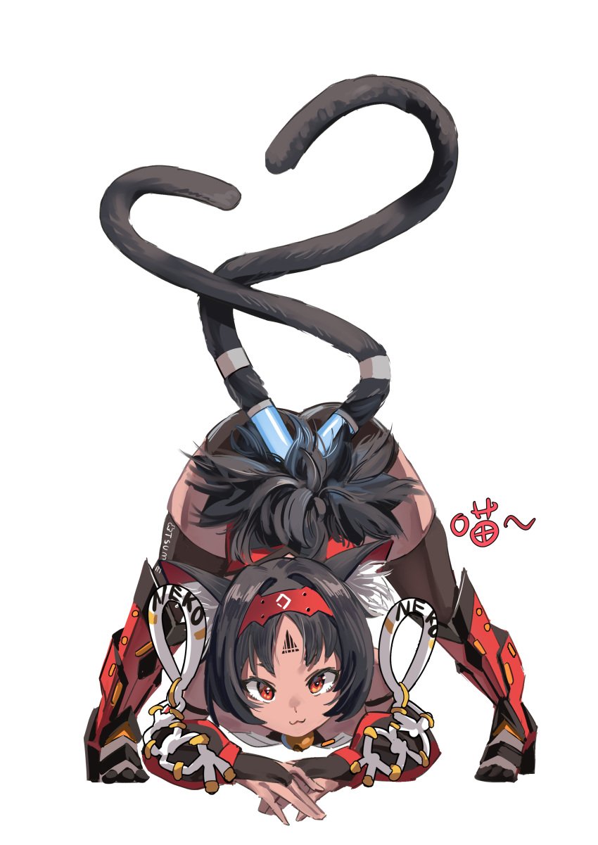 :3 absurdres all_fours animal_ear_fluff animal_ears ass_up black_hair cat_girl closed_mouth collect2233 commentary facial_mark female forehead_mark full_body hair_between_eyes highres long_hair looking_at_viewer nekomiya_mana red_eyes sidelocks smile solo twintails zenless_zone_zero